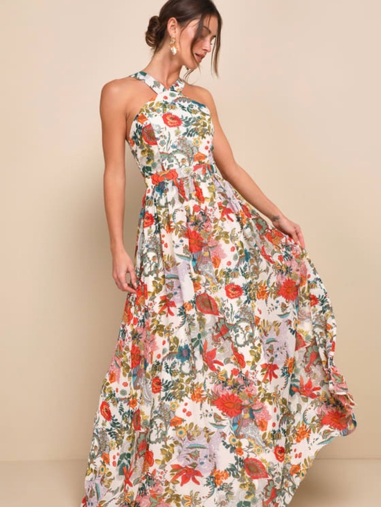 Lulus Dresses & Skirts - Lulu's Floral Halter Maxi Dress in White with Red & Green Accents